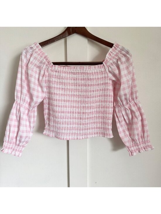 Tops - Gingham Smocked Cropped Blouse Puff Sleeves Pink and White